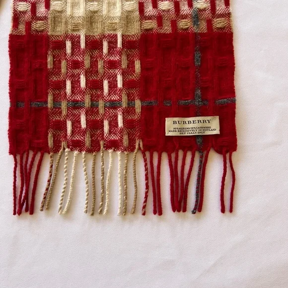 Burberry Merino Cashmere Red, Tan, Cream Plaid Scarf - Picture 3 of 10